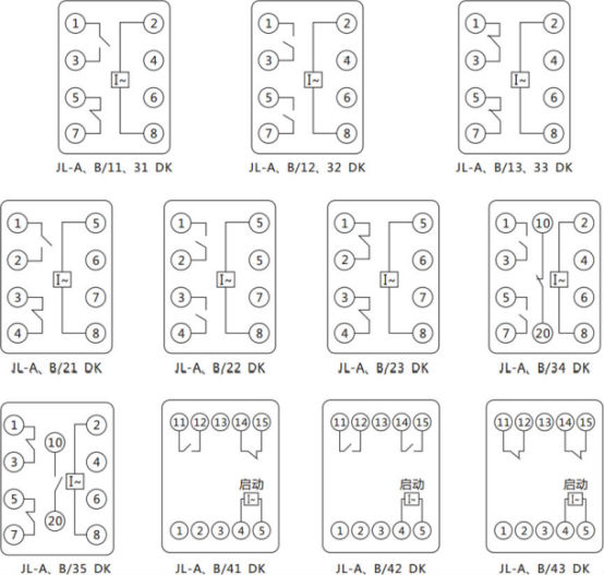 JL-A、B/35 DK無(wú)輔源電流繼電器內(nèi)部接線及外引端子圖（正視圖）