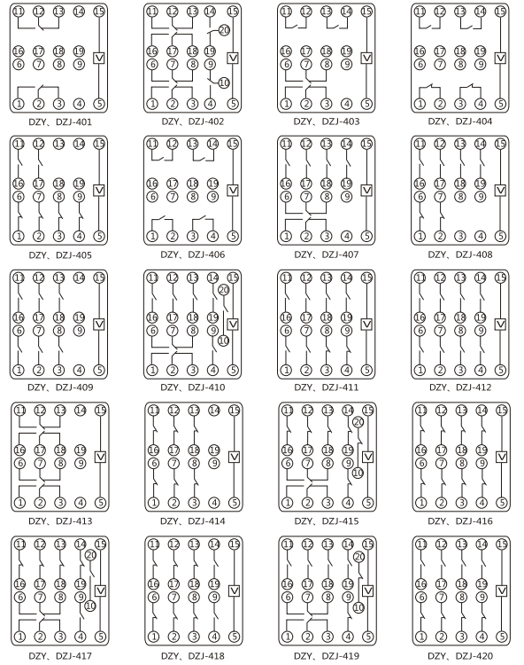 DZY(J)-401導(dǎo)軌式中間繼電器內(nèi)部端子外引接線圖(正視) DZY(J)-401導(dǎo)軌式中間繼電器內(nèi)部端子外引接線圖(正視)